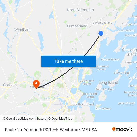 Route 1 + Yarmouth P&R to Westbrook ME USA map