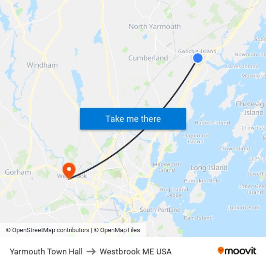 Yarmouth Town Hall to Westbrook ME USA map