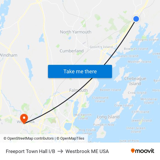 Freeport Town Hall I/B to Westbrook ME USA map