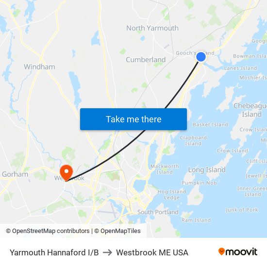 Yarmouth Hannaford I/B to Westbrook ME USA map