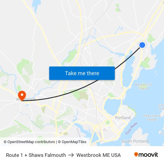 Route 1 + Shaws Falmouth to Westbrook ME USA map