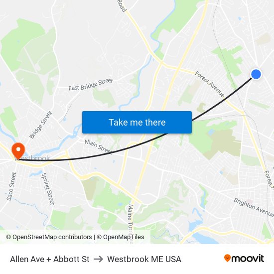 Allen Ave + Abbott St to Westbrook ME USA map