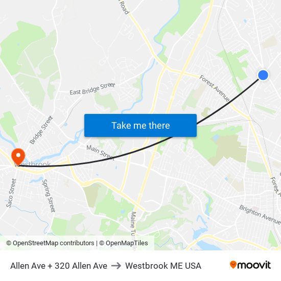 Allen Ave + 320 Allen Ave to Westbrook ME USA map