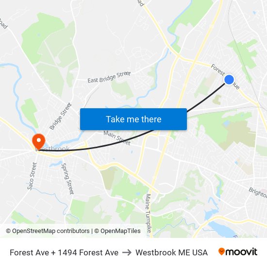 Forest Ave + 1494 Forest Ave to Westbrook ME USA map