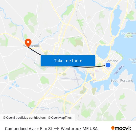 Cumberland Ave + Elm St to Westbrook ME USA map