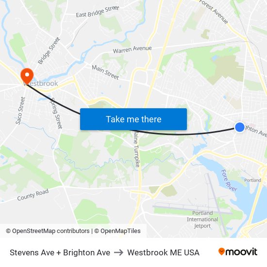 Stevens Ave + Brighton Ave to Westbrook ME USA map