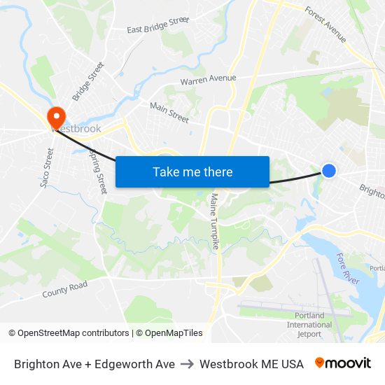 Brighton Ave + Edgeworth Ave to Westbrook ME USA map