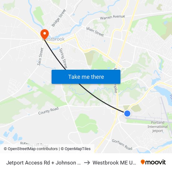 Jetport Access Rd + Johnson Rd to Westbrook ME USA map