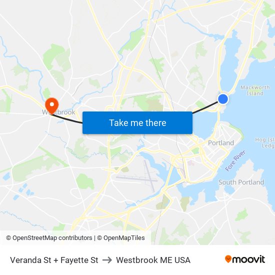 Veranda St + Fayette St to Westbrook ME USA map