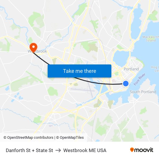 Danforth St + State St to Westbrook ME USA map