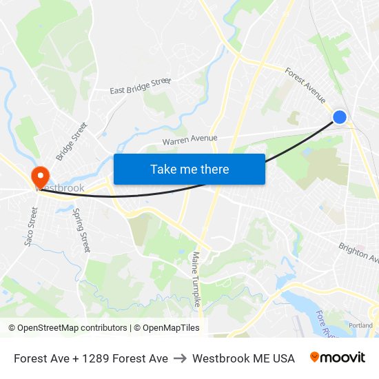 Forest Ave + 1289 Forest Ave to Westbrook ME USA map