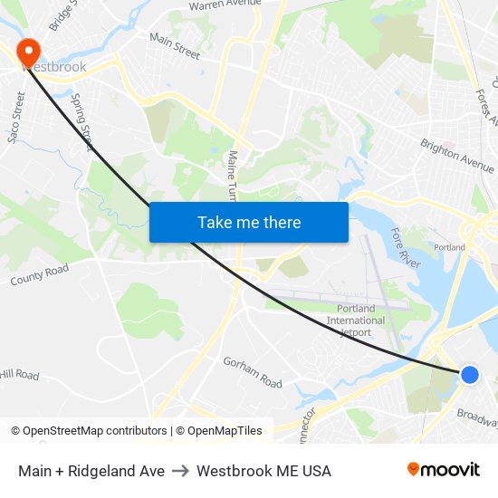 Main + Ridgeland Ave to Westbrook ME USA map