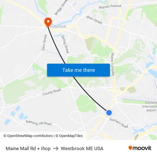 Maine Mall Rd + Ihop to Westbrook ME USA map