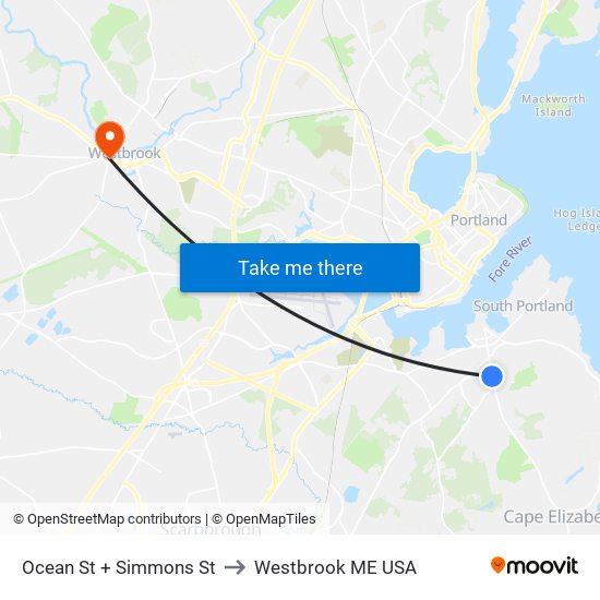 Ocean St + Simmons St to Westbrook ME USA map