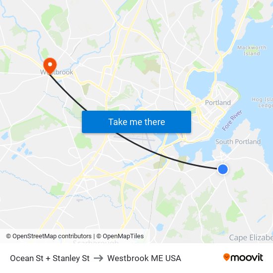 Ocean St + Stanley St to Westbrook ME USA map