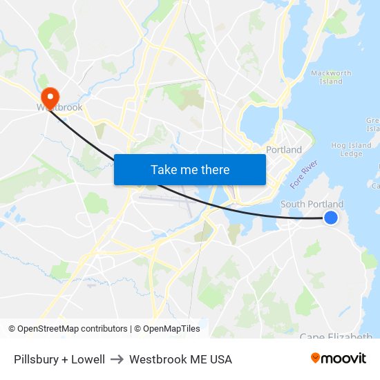 Pillsbury + Lowell to Westbrook ME USA map