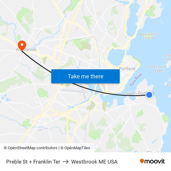 Preble St + Franklin Ter to Westbrook ME USA map