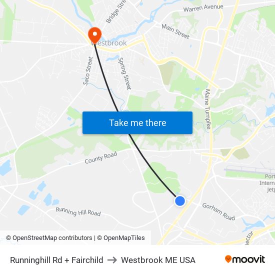 Runninghill Rd + Fairchild to Westbrook ME USA map