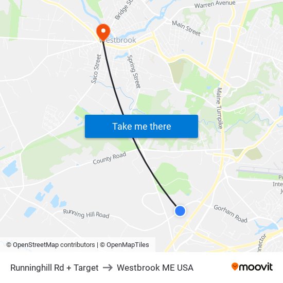 Runninghill Rd + Target to Westbrook ME USA map