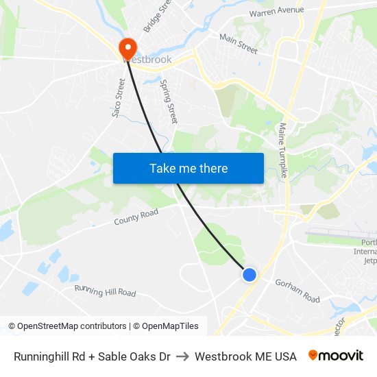 Runninghill Rd + Sable Oaks Dr to Westbrook ME USA map