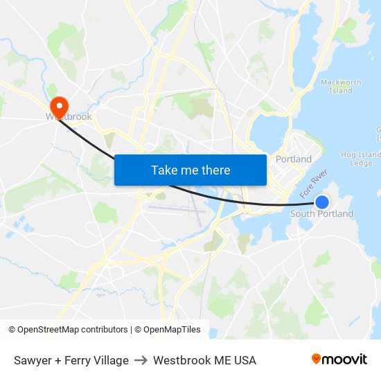 Sawyer + Ferry Village to Westbrook ME USA map