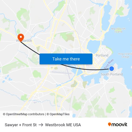 Sawyer + Front St to Westbrook ME USA map