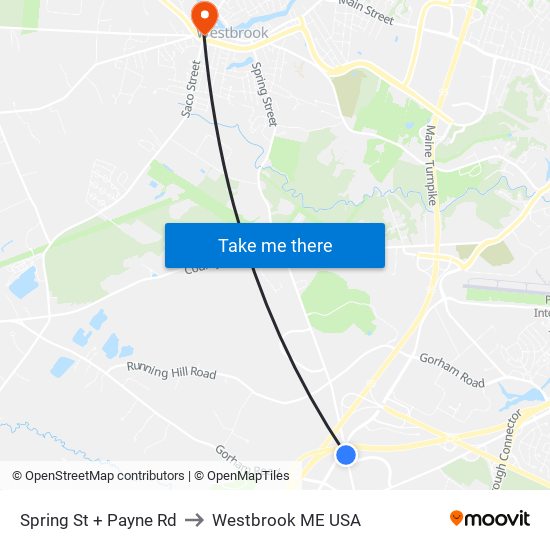 Spring St + Payne Rd to Westbrook ME USA map
