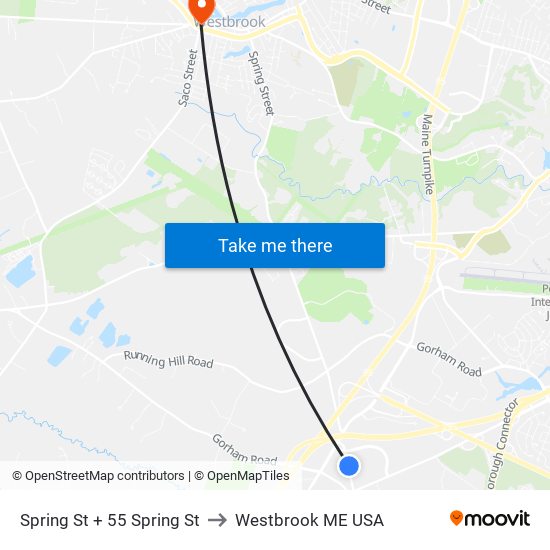 Spring St + 55 Spring St to Westbrook ME USA map