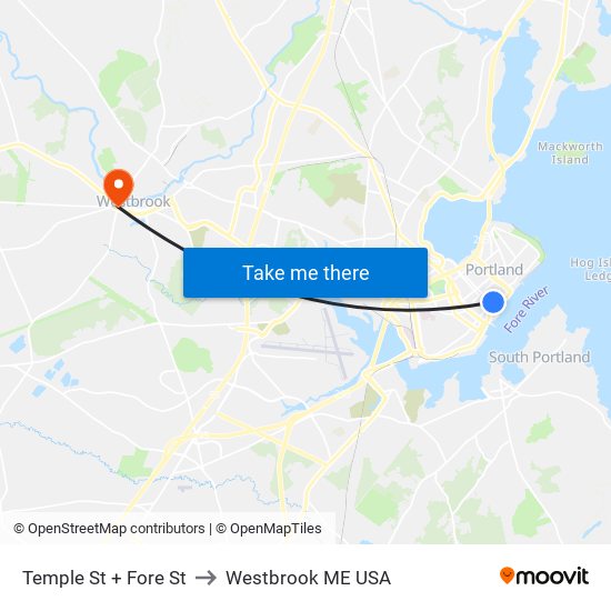 Temple St + Fore St to Westbrook ME USA map