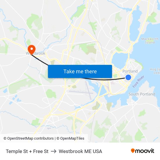 Temple St + Free St to Westbrook ME USA map