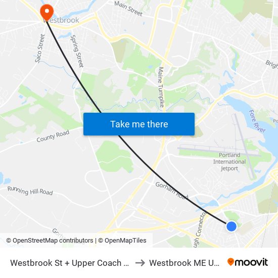 Westbrook St + Upper  Coach Rd to Westbrook ME USA map