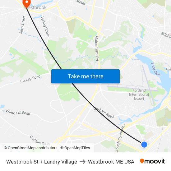 Westbrook St + Landry Village to Westbrook ME USA map