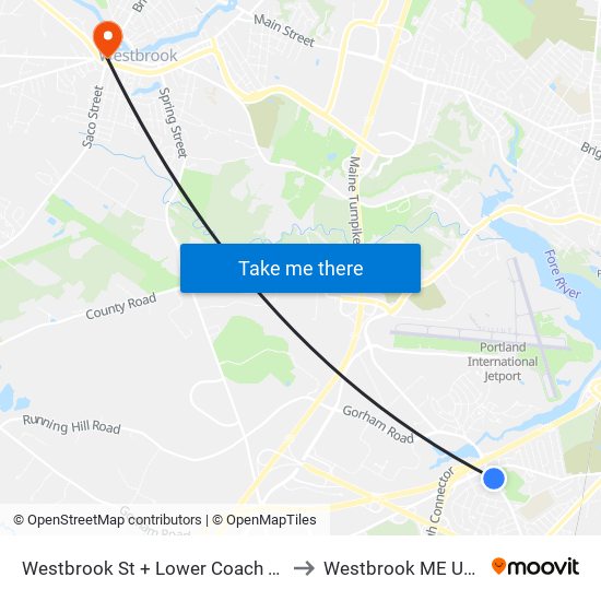 Westbrook St + Lower Coach Rd to Westbrook ME USA map