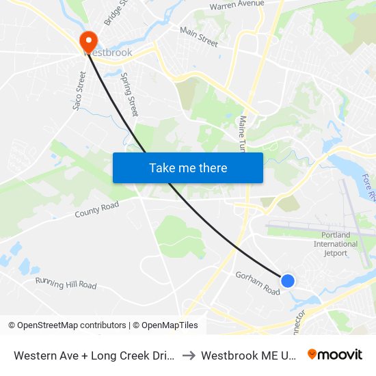 Western Ave + Long Creek Drive to Westbrook ME USA map