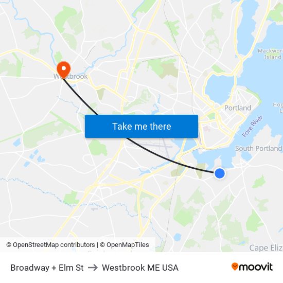 Broadway + Elm St to Westbrook ME USA map