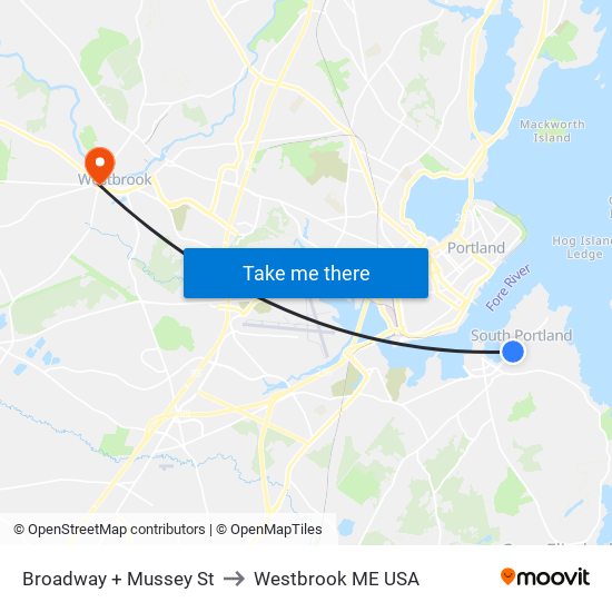 Broadway + Mussey St to Westbrook ME USA map