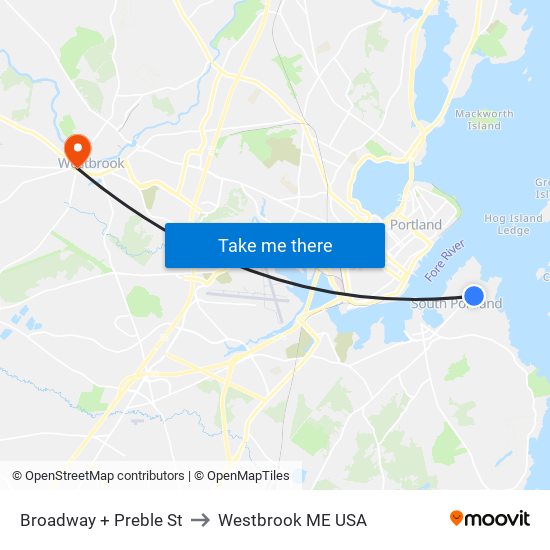 Broadway + Preble St to Westbrook ME USA map