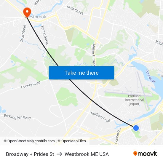 Broadway + Prides St to Westbrook ME USA map