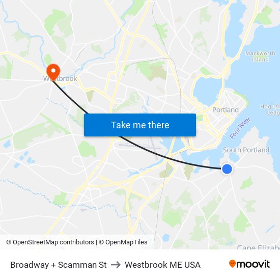 Broadway + Scamman St to Westbrook ME USA map