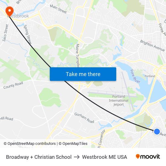 Broadway + Christian School to Westbrook ME USA map