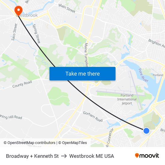 Broadway + Kenneth St to Westbrook ME USA map