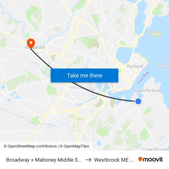 Broadway + Mahoney Middle School to Westbrook ME USA map