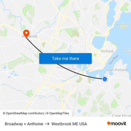 Broadway + Anthoine to Westbrook ME USA map