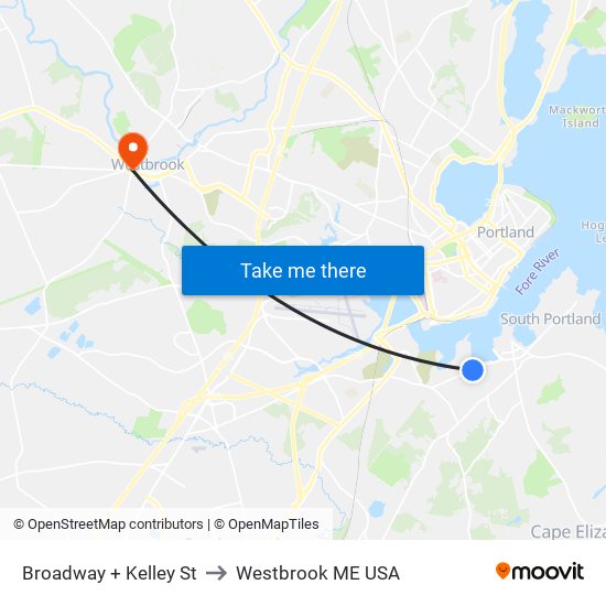 Broadway + Kelley St to Westbrook ME USA map