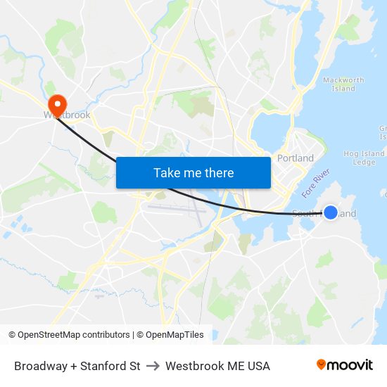 Broadway + Stanford St to Westbrook ME USA map