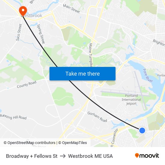 Broadway + Fellows St to Westbrook ME USA map