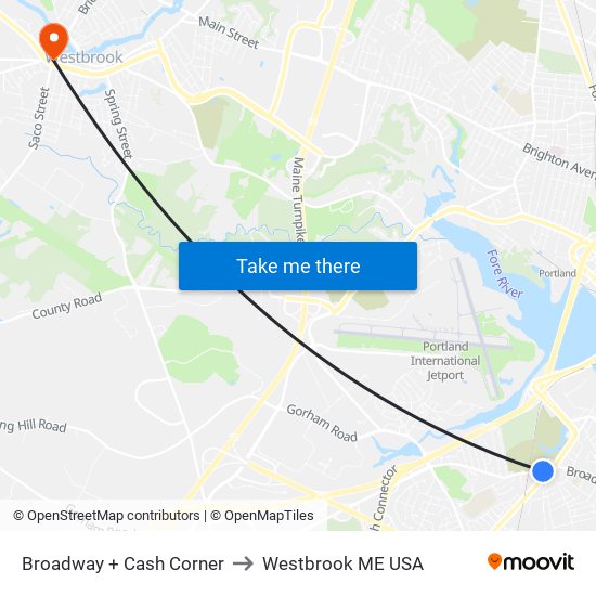 Broadway + Cash Corner to Westbrook ME USA map