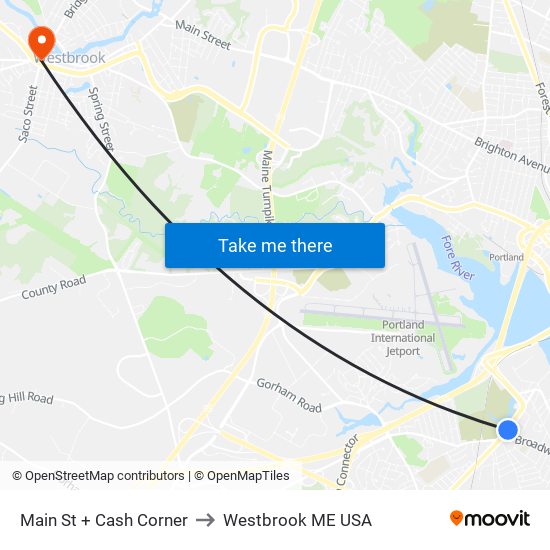 Main St + Cash Corner to Westbrook ME USA map