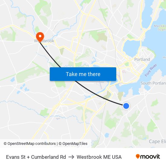 Evans St + Cumberland Rd to Westbrook ME USA map