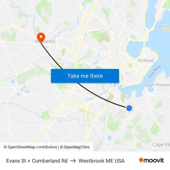 Evans St + Cumberland Rd to Westbrook ME USA map